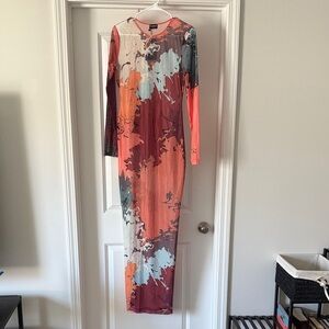 Abstract Multicolor Long Sleeve cover up - Neon Coral & Burgundy